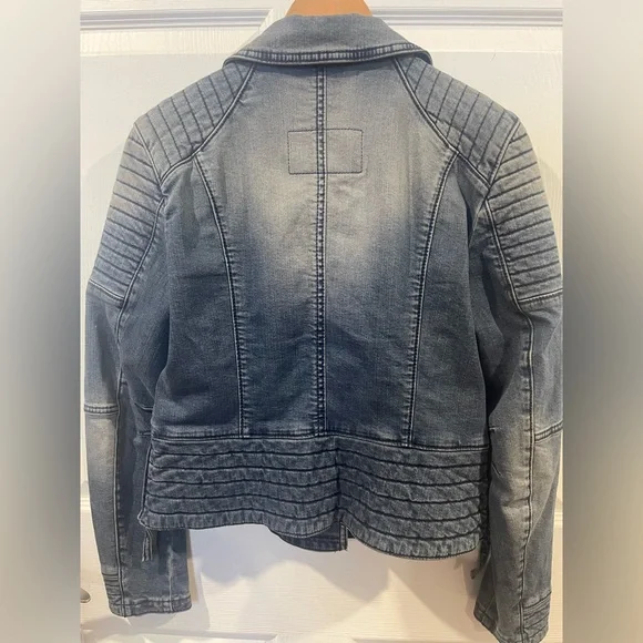 Marc Cain Blue Denim Biker Jacket  Quilted Moto Shoulders & Asymmetric Zip jeans - Picture 7 of 14